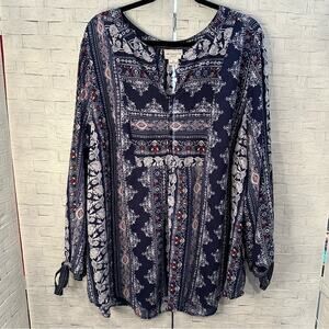 Liz Claiborne Sheer Top  Bandana Paisley Boho Chic Red White & blue plus size 3X